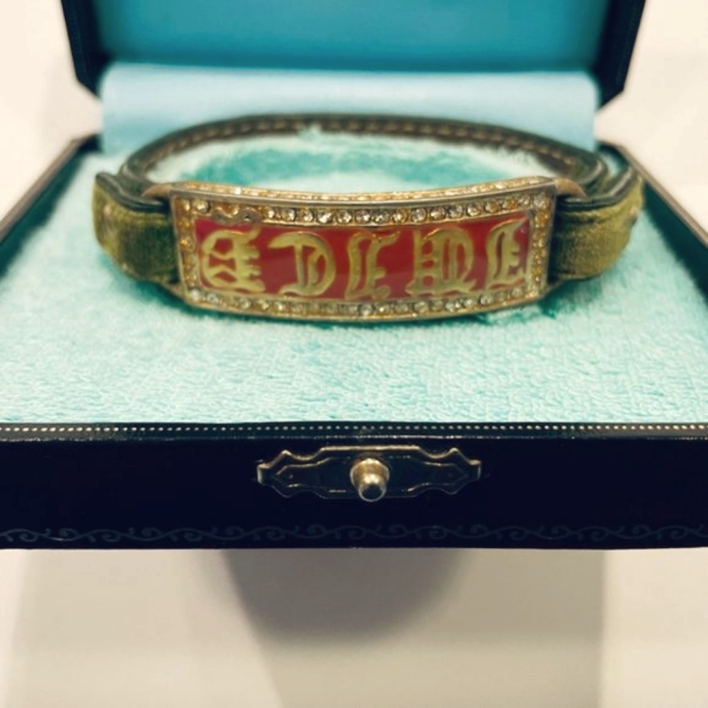 Juicy Couture Green Brass Pave' Swarovsky Crystals Monogram Tag Cuff Bracelet